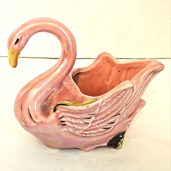 VTG Swan Planter Stanford Sebring USA Iridescent Pink Gold MCM Decor 60's - Picture 1 of 12